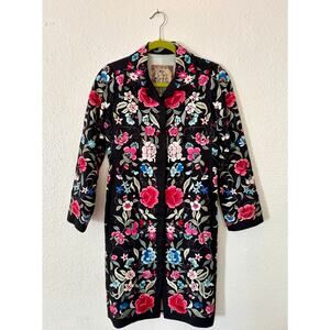 Biya Johnny Was Silk Floral Embroidered Duster Coat Black Boho Statement Jacket